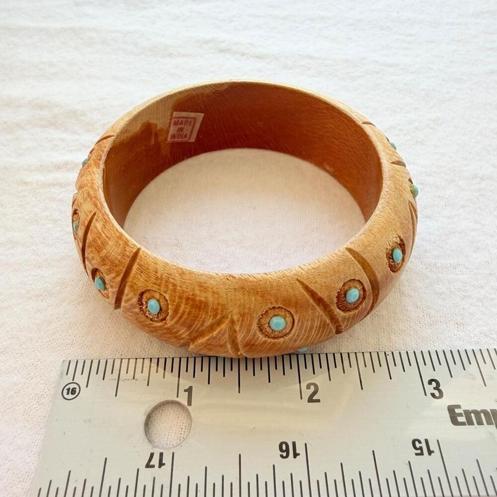 Vintage 70s Boho Carved Wood Bangle Set - Made in India - Picture 7 of 8